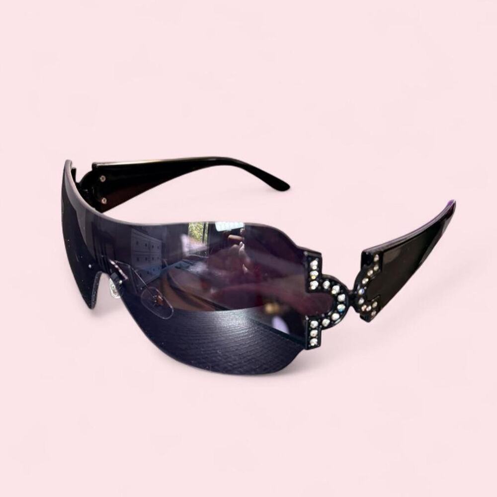 Unisec black oversized shield sunglasses with rhinestone Y2k mcbling glam cyber
